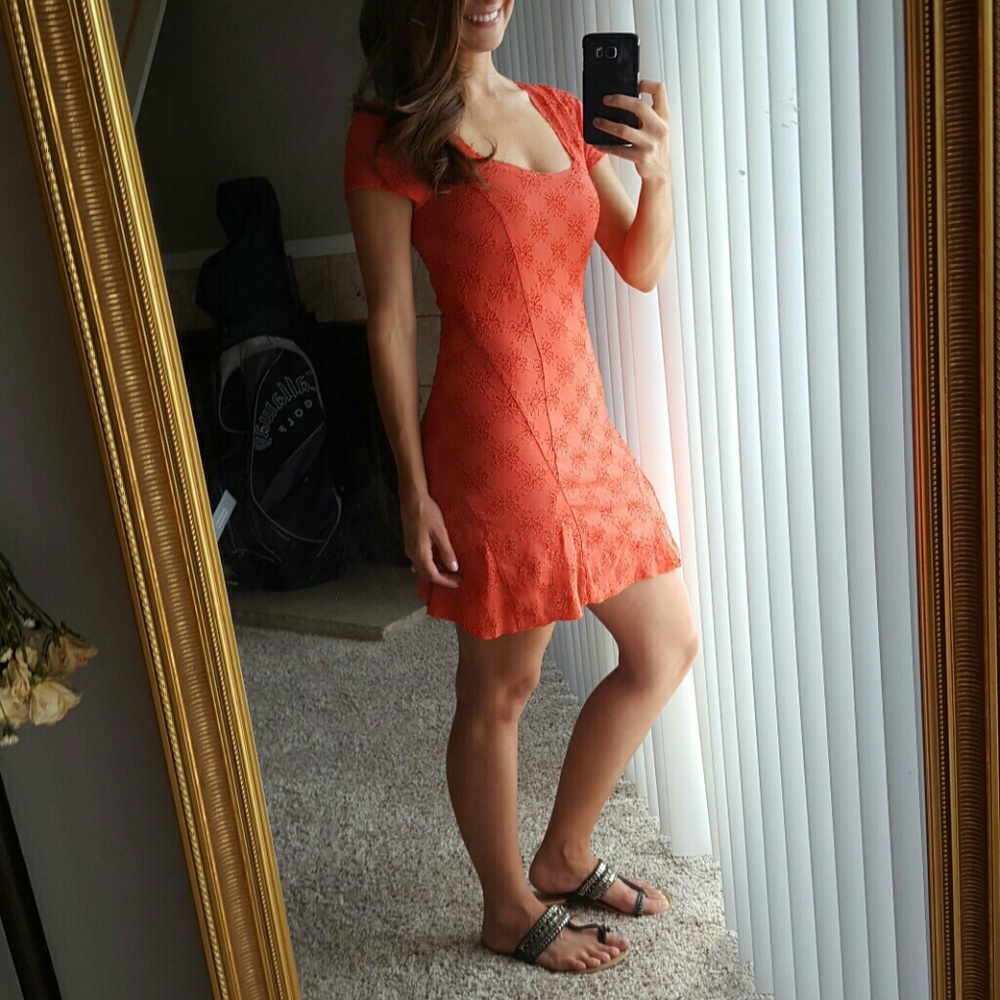 Free People Daisy Godet Floral Lace Mini Dress in Persimmon Small